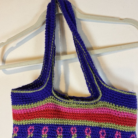 Hand Crocheted Purse Shoulder Bag Purple Pink Green Red Lined Well Made Boho - Picture 3 of 11